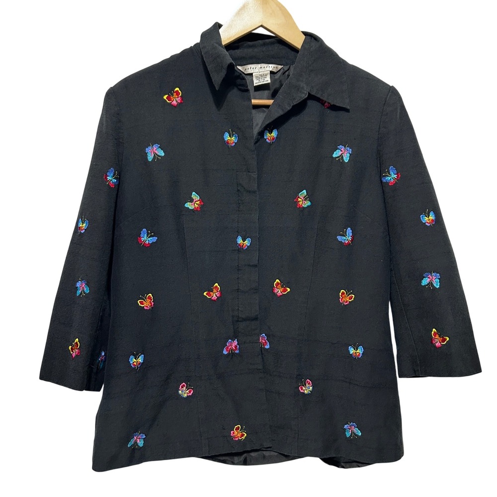 Vintage Peter Martin Women Silk‎ Jacket 12 Black Embroidered Butterfly Y2K Artsy